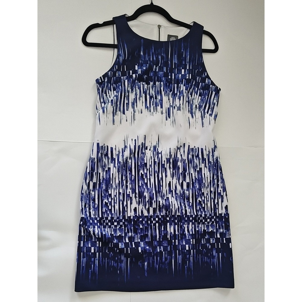 Vince Camuto Blue White Abstract Print Sleeveless Sheath Dress 4 Exposed Zip